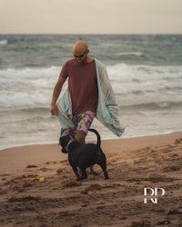 a man and a dog walking on the beach